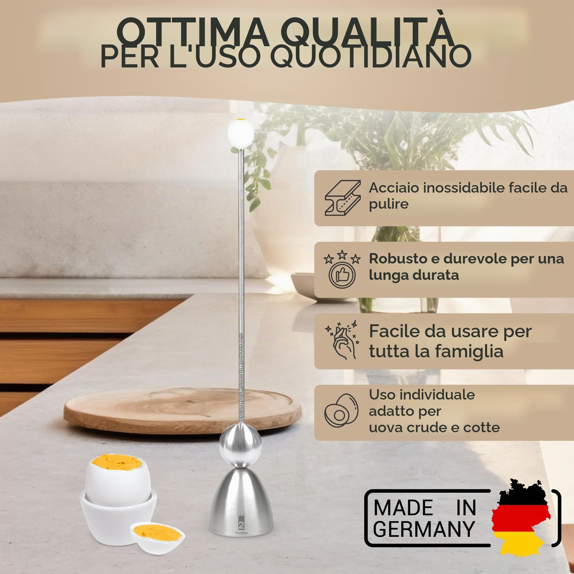 Clack 99009 - Portauovo a forma di conchiglia con punto di rottura, in acciaio inox, con motivo "Colazione", prodotto in Germania, idea regalo