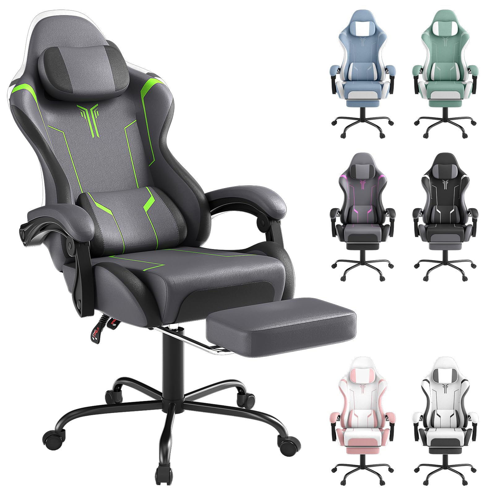 SAILUN Gaming Chair with Footrest & Massage, Ergonomic Computer Chair Reclining 90–155°, Adjustable Headrest & Lumbar Support, Padded Armrests, Gaming & Home Office Desk Chair, Grey