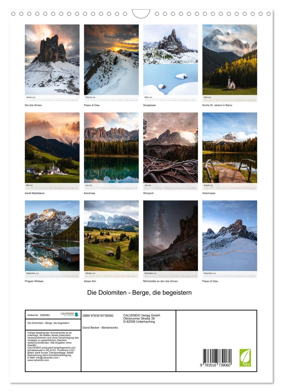 Die Dolomiten - Berge, die begeistern (Wandkalender 2026 DIN A3 hoch), CALVENDO Monatskalender: Berge, die begeistern