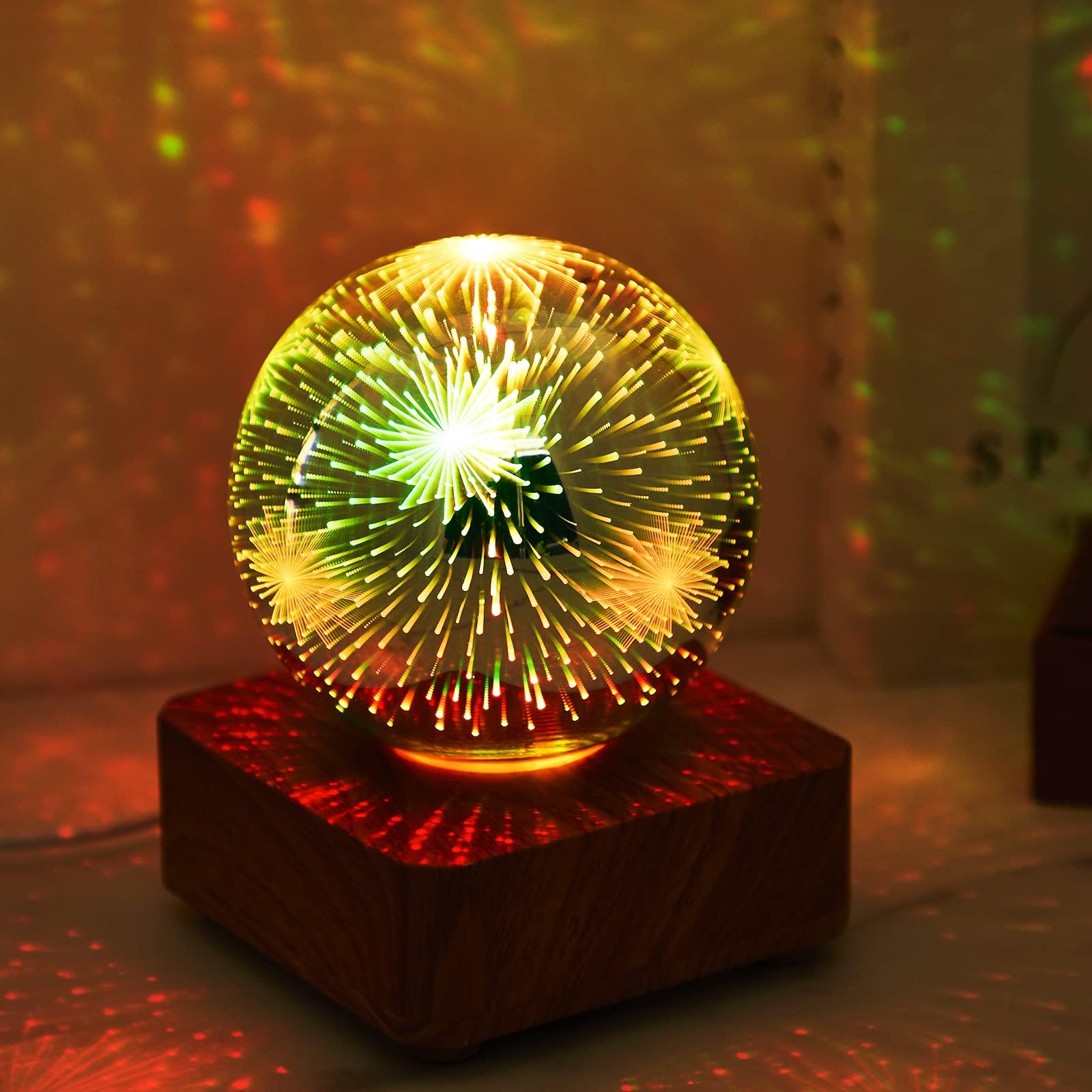 Pretocter 3D Firework Night Light with 8 Color Changing Star Projection 3D Crystal Ball Bedside Lamp with Wood Base Room Decor Magic Glass Ball Lamp Night Light Birthday Gift for Kids Adult-Firework