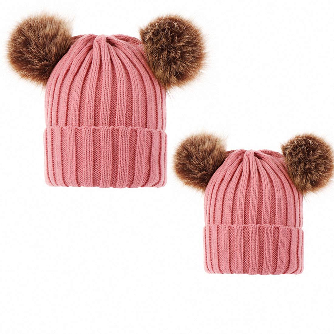 Ulalaza 2PCS Mother&Baby Hat Parent-Child Hat Family Matching Cap Winter Warmer Knit Wool Beanie Ski Cap