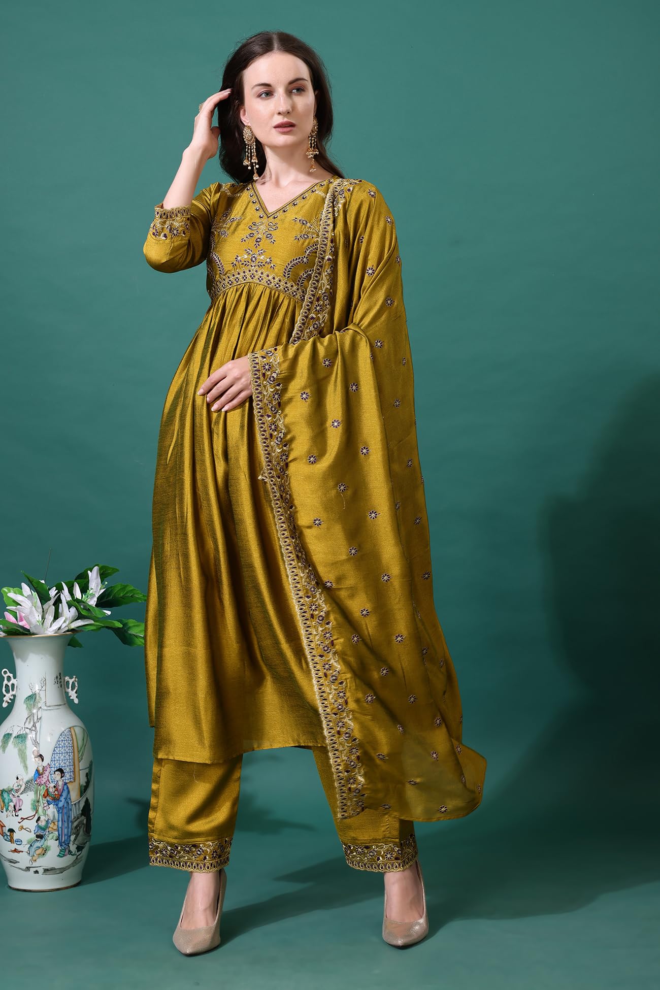 Pratham Blue Women's Silk Embroidered Anarkali Kurta Palazzos With Dupatta |Kurta Set For Women |Women Kurta |Women Embroidered Kurta Sets Kurtis (Bkp-1010-S_Yellow)