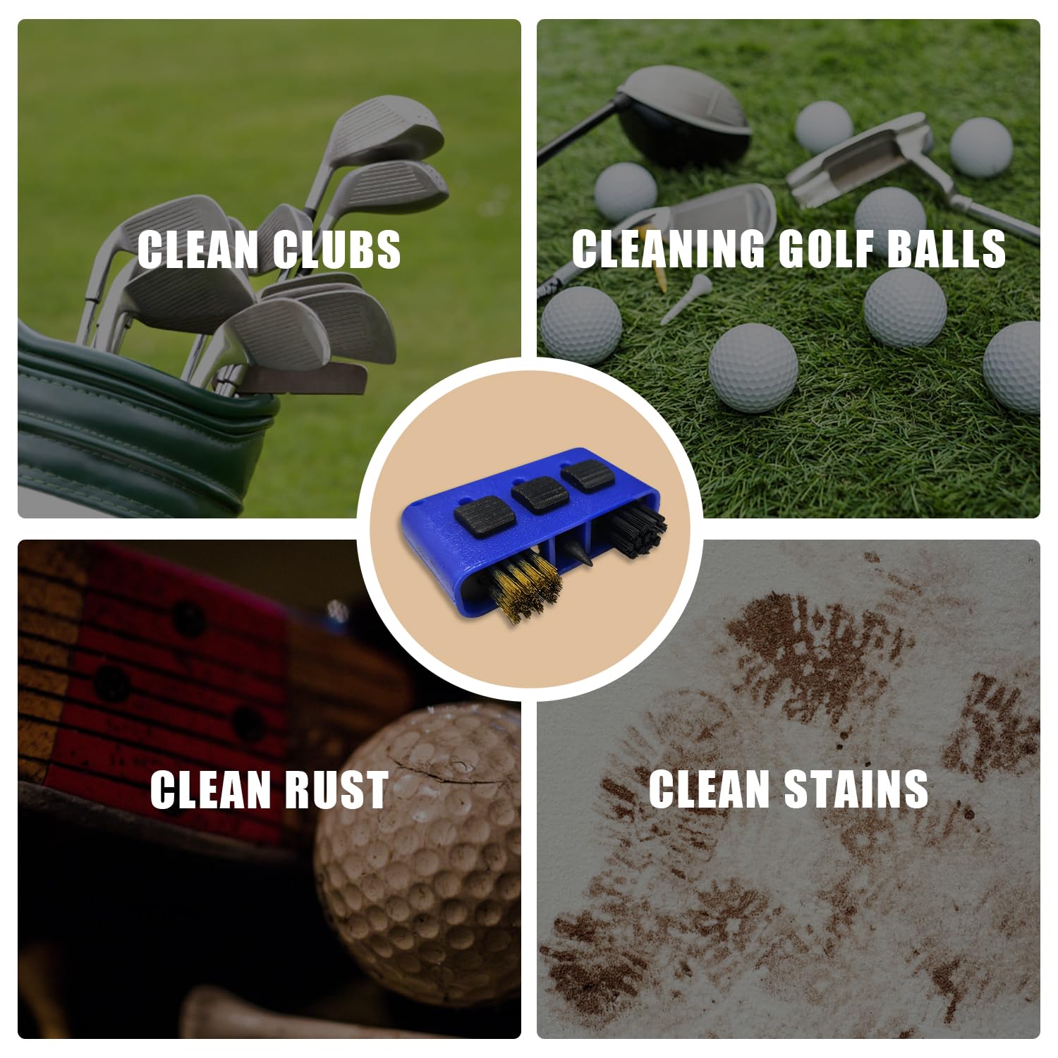 MEMOFYND Spazzola per mazze da golf, 4 pezzi, 3 in 1, spazzola per la pulizia delle mazze da golf, strumento per la pulizia del golf (blu, nero