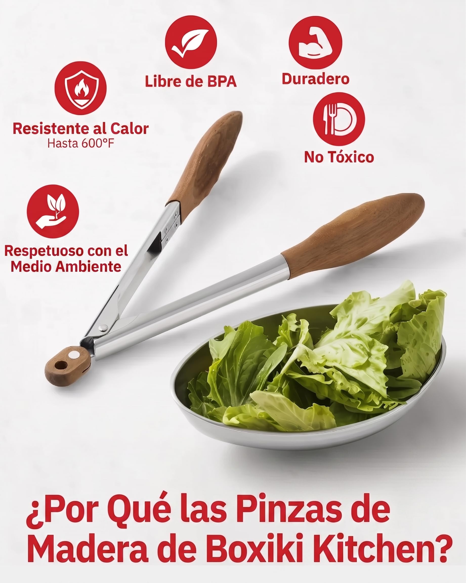 Boxiki Kitchen Pinzas de Cocina Profesionales Acero Inoxidable 30cm con Puntas de Madera de Nogal Natural