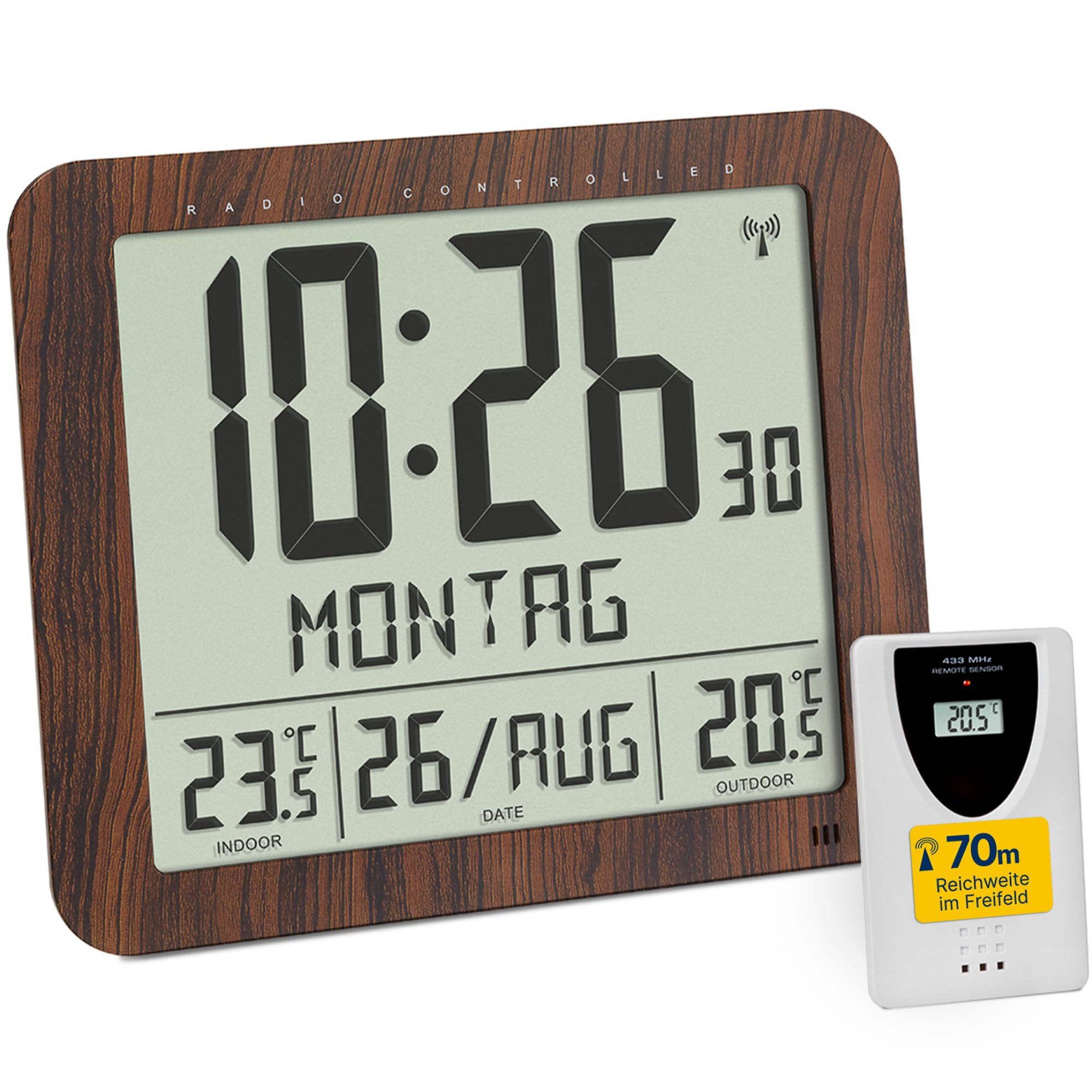 TFA Dostmann Digitale Wanduhr mit Holz Optik, 60.4518.08, inkl Funkuhr mit Außensender, Innen- und Aussentemperatur, gut ablesbar, mit Datum und Wochentag, für Wohnzimmer oder Küche geeignet, braun