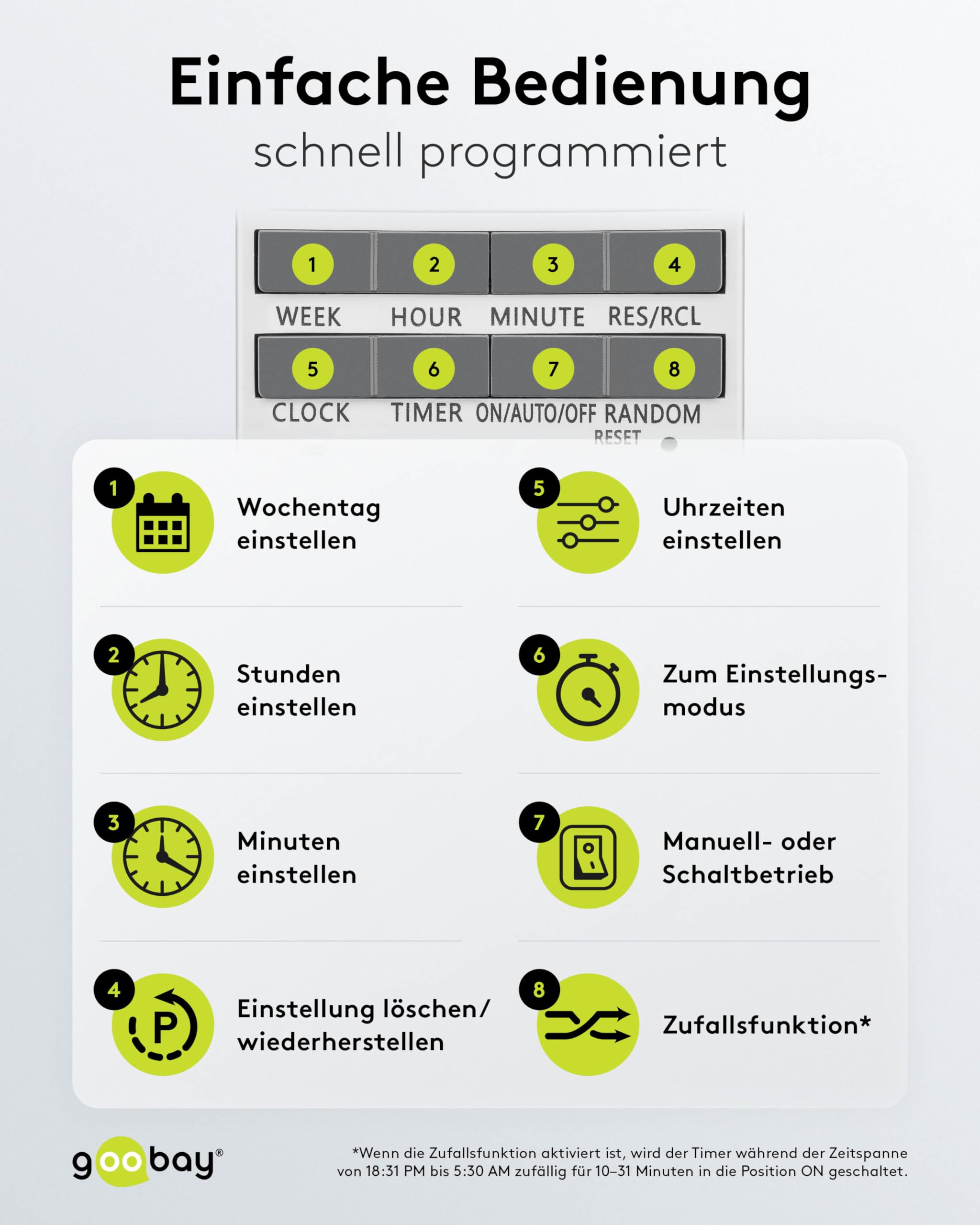 goobay - Zeitschaltuhr 4er Set digital mit 16 Programmen - Zeitschaltuhr Steckdose mit Zufallsmodus zum Einbruchschutz - Timer Steckdose inkl. 100 Tage Back-up Akku - 3680W - 230V (AC) - 16A - 74217