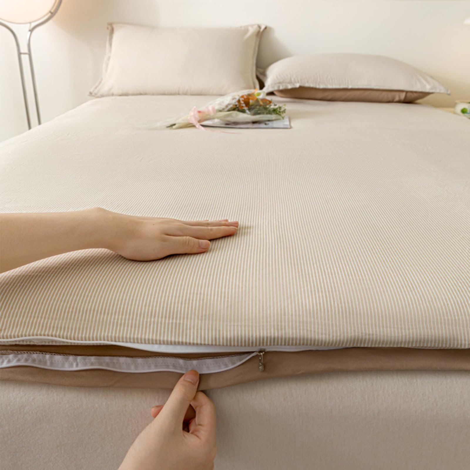 Futon-Matratzenbezug aus Baumwolle, gewaschene Streifen, japanische Tatami-Bodenmatte, Reißverschluss, wendbar, atmungsaktiv, hautfreundlich, Bettumhüllung für Schlafzimmer, Schlafsaal, Gästezimmer