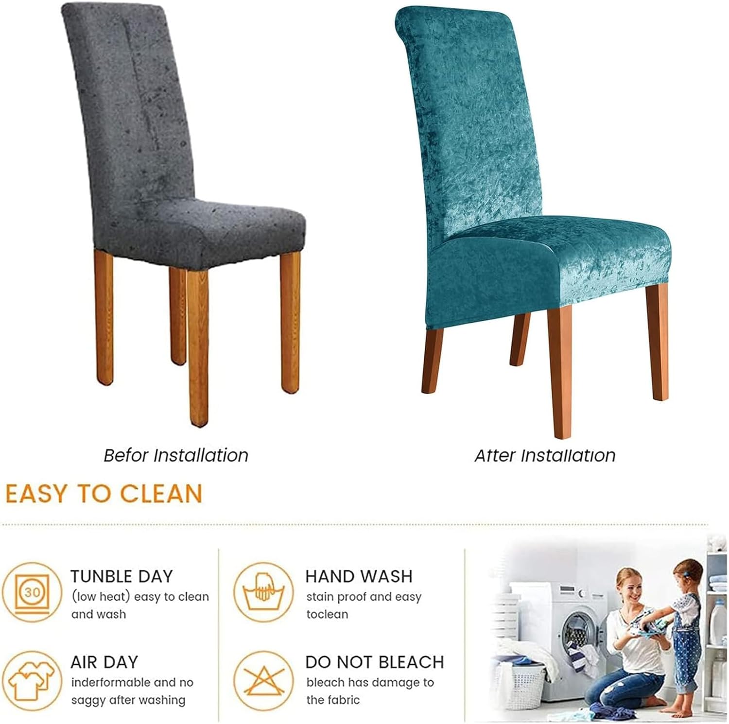 Chair Covers, Dining Room Chair Slipcovers, Crushed VelvetDining Chair Covers, for Dining Room, Hotel, Kitchen, Home, Washable Removable (Blue,4 Pcs)