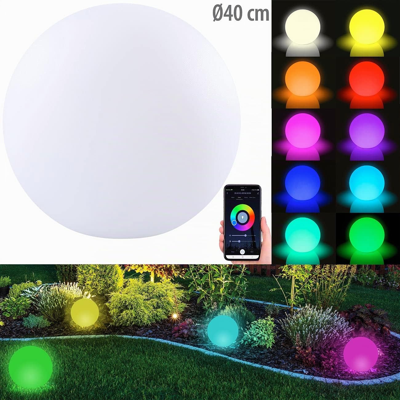 Luminea Home Control WLAN Akku Leuchtkugeln: WLAN-Akku-Leuchtkugel mit RGBW-LEDs und App, 576 lm, IP54, Ø 40 cm (LED-Leuchtkugel Garten, Kugelleuchte außen, RGB)