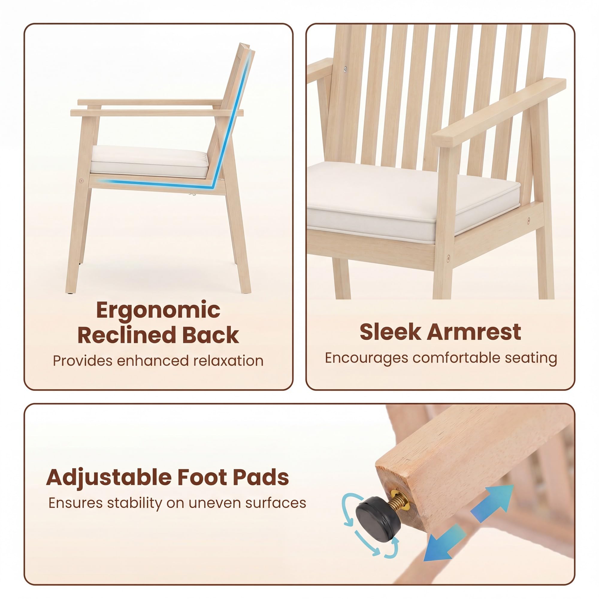 GIANTEX Juego de 2 sillas de comedor de madera de acacia con cojín acolchado, reposabrazos y patas ajustables, silla de cocina de hasta 180 kg, para patio, terraza, 64 x 59 x 86 cm (beige)