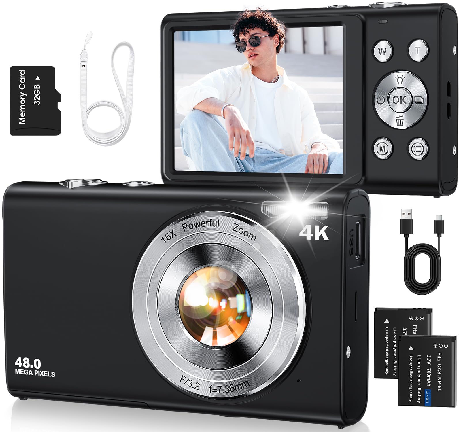 Digital Camera,Autofocus 4K 48MP Vlogging Camera for Photography,32GB Card
