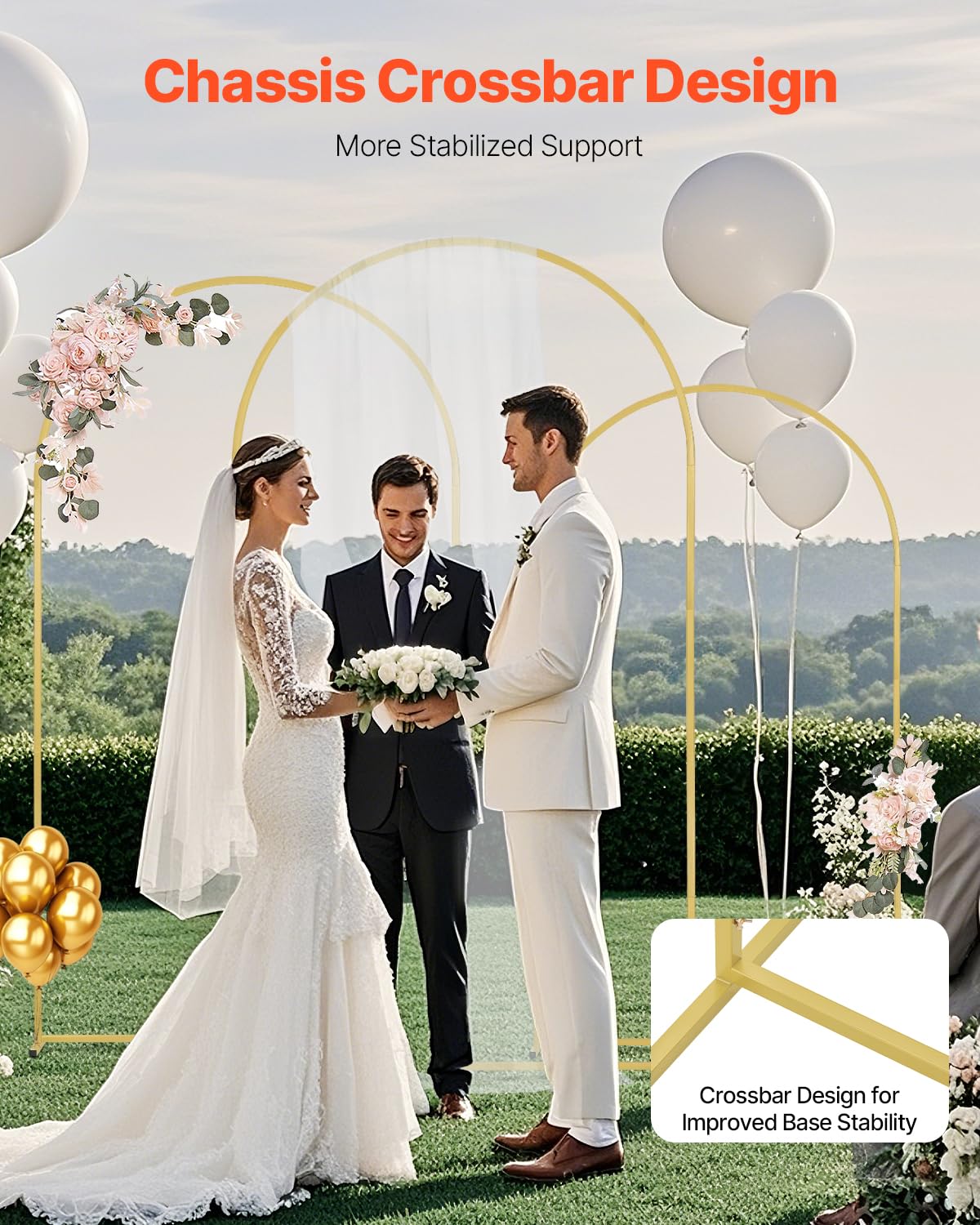 VEVOR Support de Fond Arche de Mariage, Lot de 3, Support Stable Métal, 2390 mm, 2200 mm, 1970 mm, Barre Transversale de Châssis, Facile à Assembler, pour Anniversaire, Célébration, Cérémonie, Doré