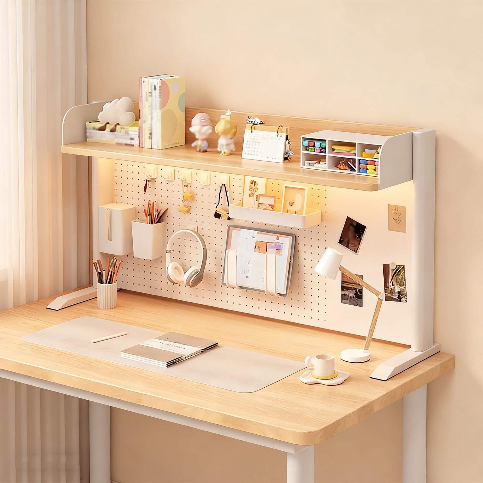 Rialzo regolabile per libri da scrivania, organizer con pannello forato e accessori di stoccaggio, mensola da scrivania salvaspazio, per casa, dormitorio e ufficio (colore bianco, 2,63 x 80 cm)