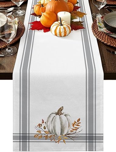 Camino de mesa de Acción de Gracias de 36 pulgadas, color gris calabaza de otoño, camino de cama, bufandas para interiores y exteriores, fiestas,