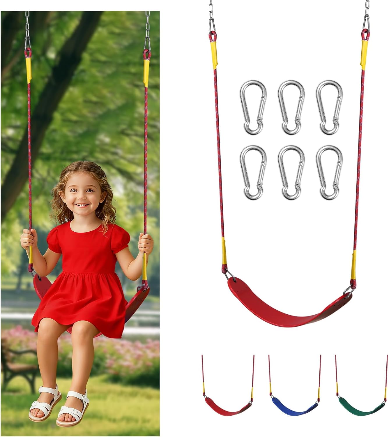 Xinzhistars Heavy Duty Swing,72 Inch Swing,32 Inch Stainless Steel Chain and 40 Inch Polyester Braided Rope with Stainless Steel Snap Hook.Suitable for Indoors, courtyards, Squares,Trees.(Red)