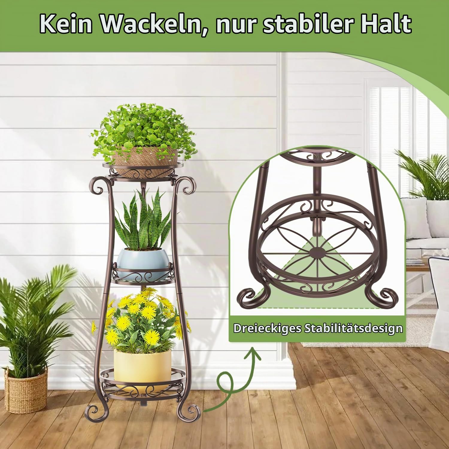 3 Etagen Blumenständer Pflanzenständer Blumenetagere Pflanzenregal aus Metall für große Töpfe Indoor Outdoor, hohes stabiles Blumen Gestell Regal Stand für Balkon Büro Bad Ecke, Bronze