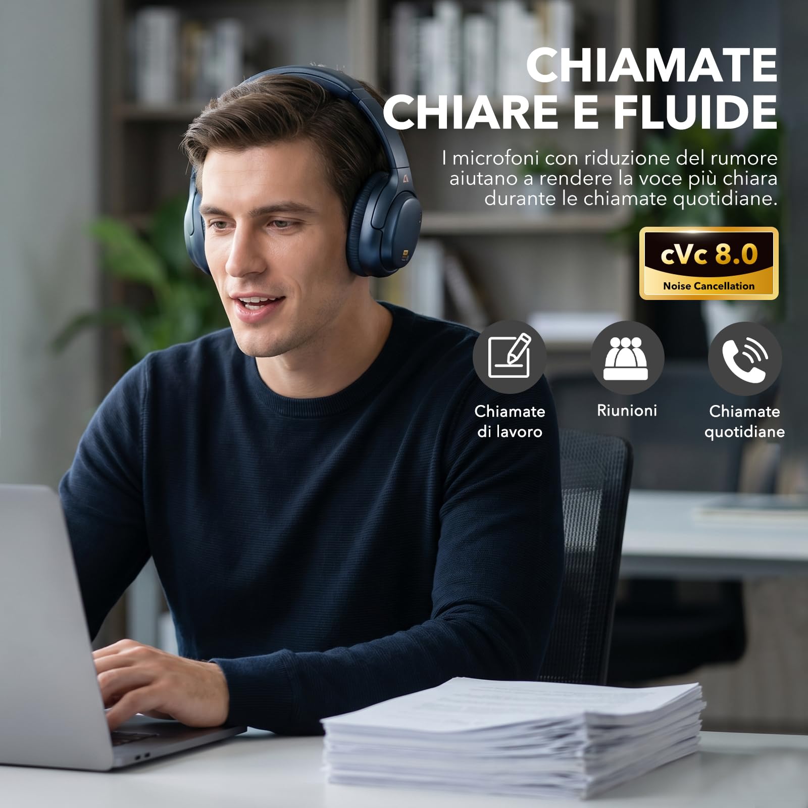 1Mii E700 Cuffie Wireless Bluetooth Over-Ear con Cancellazione Rumore, Blu | ANC Ibrida per Viaggi/Spostamenti, Audio Hi-Res LDAC per Musica, Comode per Ufficio/Studio, aptX Low Latency per TV/Aerei