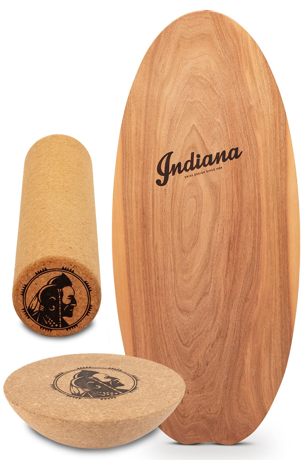 Indiana Balance Board – Balance Board Swiss Made – Premium Korkrolle, Fiberglas-verstärkter Holzkern, Nussbaum