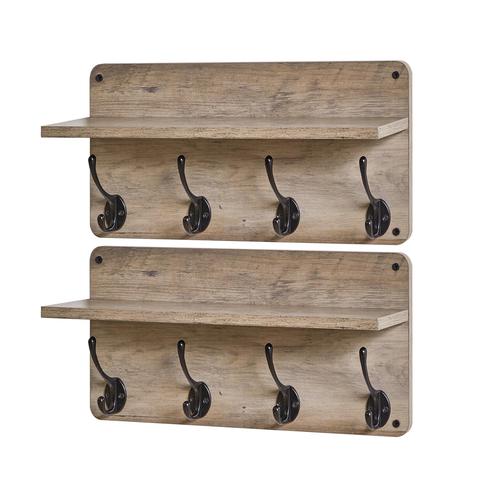 YMYNY Appendiabiti da parete, in legno, set di 2, appendiabiti da ingresso con 8 ganci, 80 cm L, mensole galleggianti, portachiavi, per camera da letto, bagno, soggiorno, grigio argento HWS006Y-2