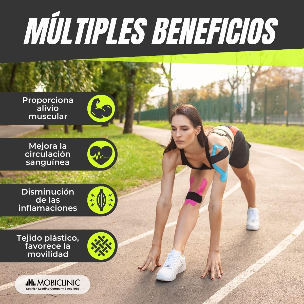 Mobiclinic, Kinesiotape, Mobitape, Venda Neuromuscular Adhesiva, Alivio dolor muscular, Elásticas, Impermeable, Vendaje kinesiológico, Apto para múltiples zonas, Rollo, 5x5cm, 12 Uds. Negro
