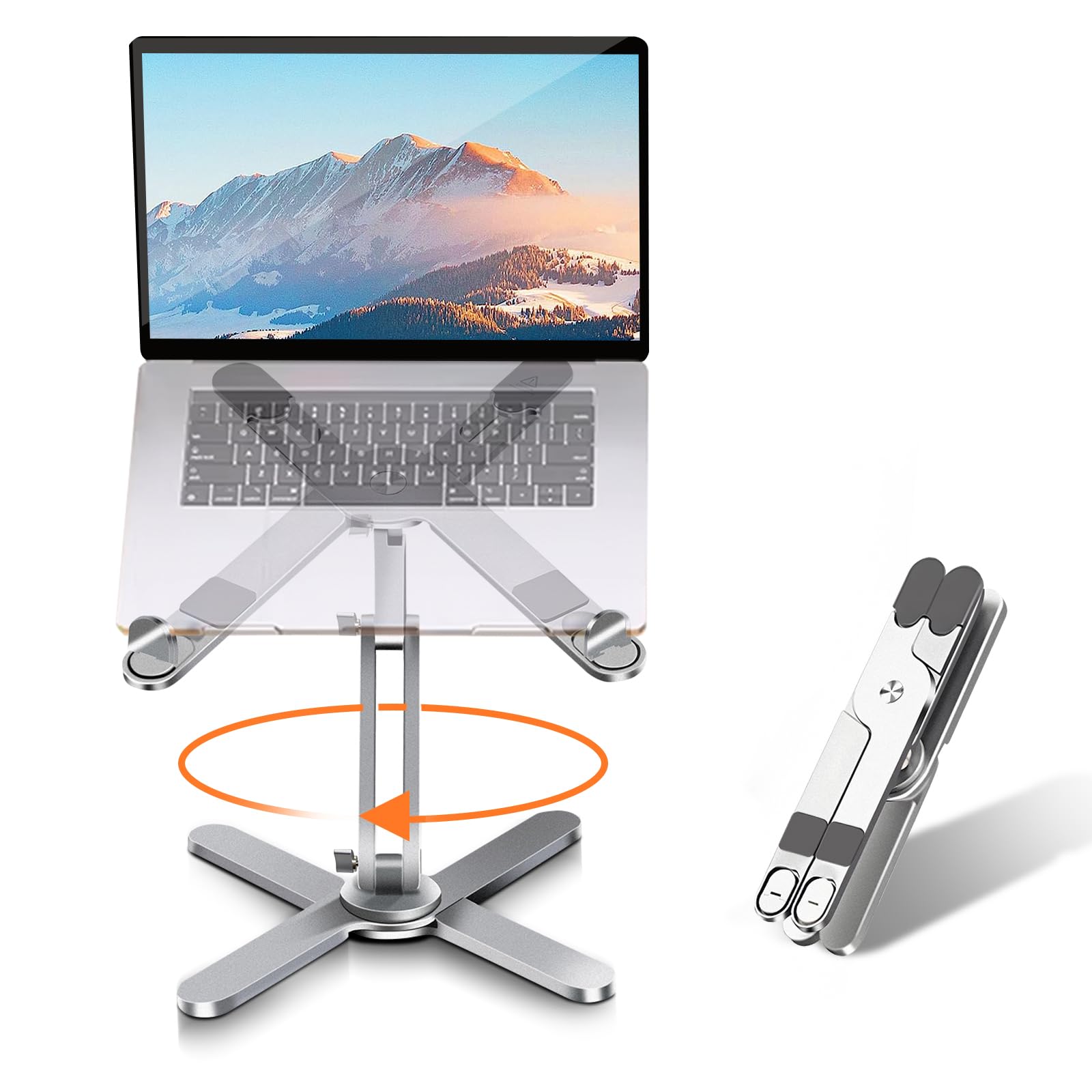 - Moallia Laptop Stand with 360 Rotating Base, Computer Notebook Laptop Riser Metal Holder for Desk Collaborative Work, Fully Foldable for Easy Storage, Fits All MacBook, Laptops up to 16 inches