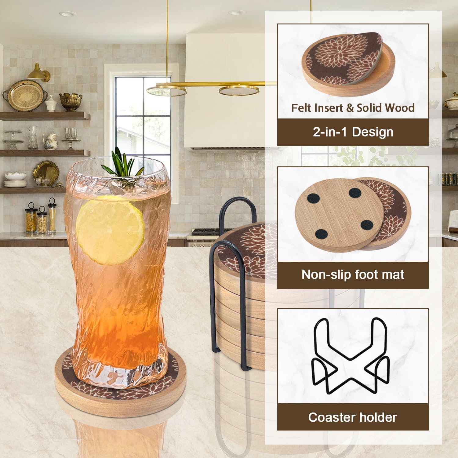 Juego de 6 posavasos de madera con soporte, alfombrilla Cewiru para bebidas, posavasos absorbentes con inserto de fieltro para protección de mesa de café, estilo moderno, decoración de mesa de comedor
