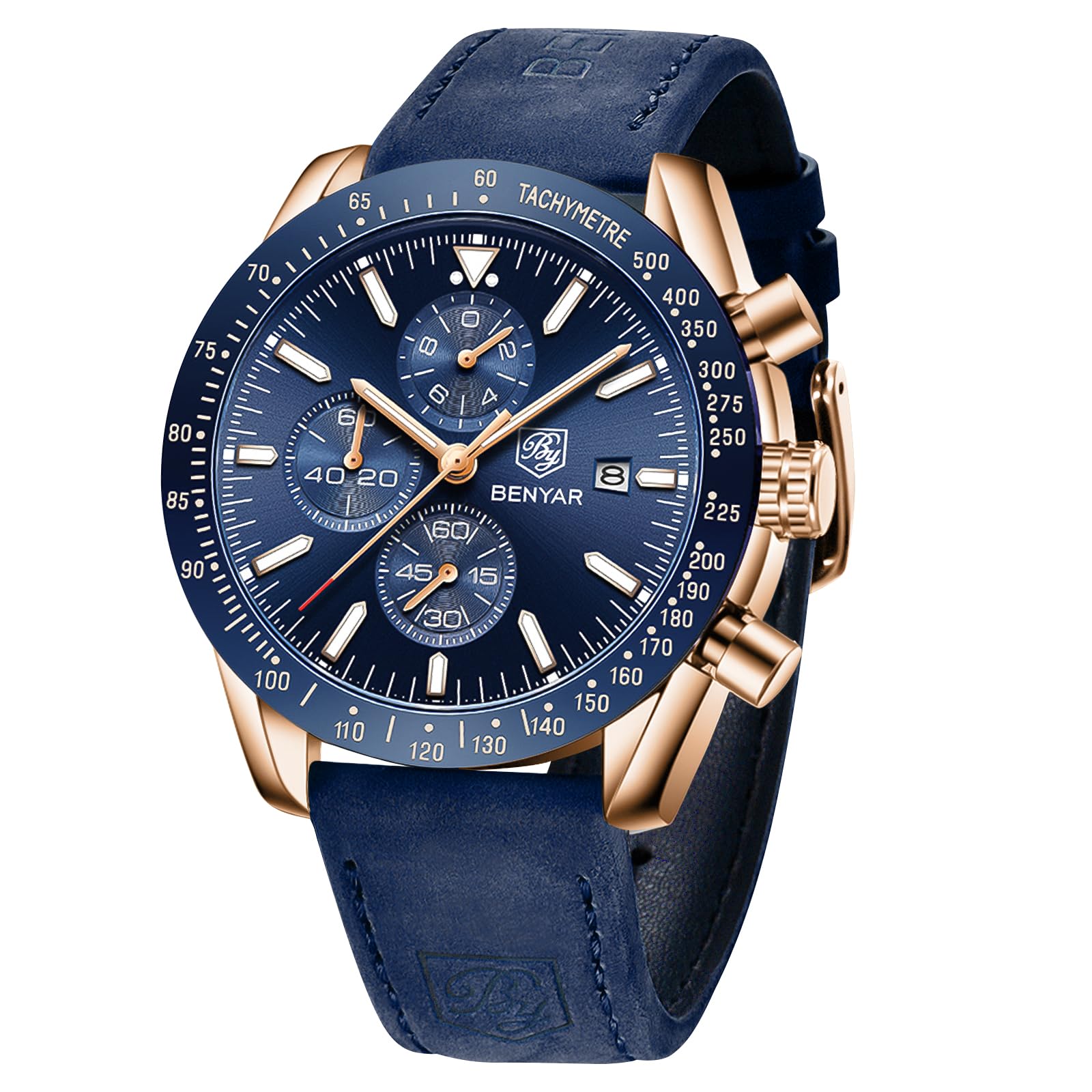BY BENYARWatches for Men Analog Quartz Chronograph Waterproof Luminous Designer Mens Wrist Watches Business Work Sport Casual Dress Watch with Leather Band Elegant Gifts for Men