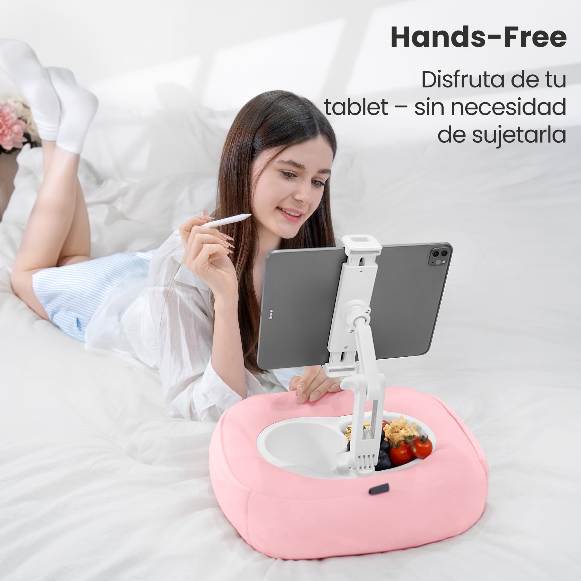 Soporte de cojín para tableta, soporte para Kindle con 2 cuencos para aperitivos, soporte ajustable de 360 ° para iPad de 4,7 a 13 pulgadas, iPad, Kindle, smartphone, accesorios Kindle en