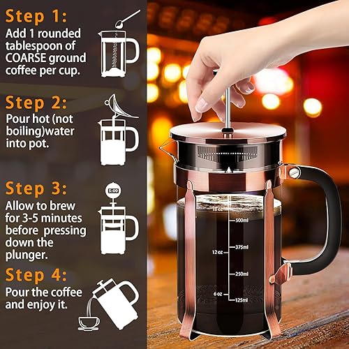 Miniatura 5 de French Press Coffee Maker 304 Stainless Steel Coffee Press,with 4 Filters System, Heat Resistant Thickness Borosilicate French Press Glass, BPA-Free