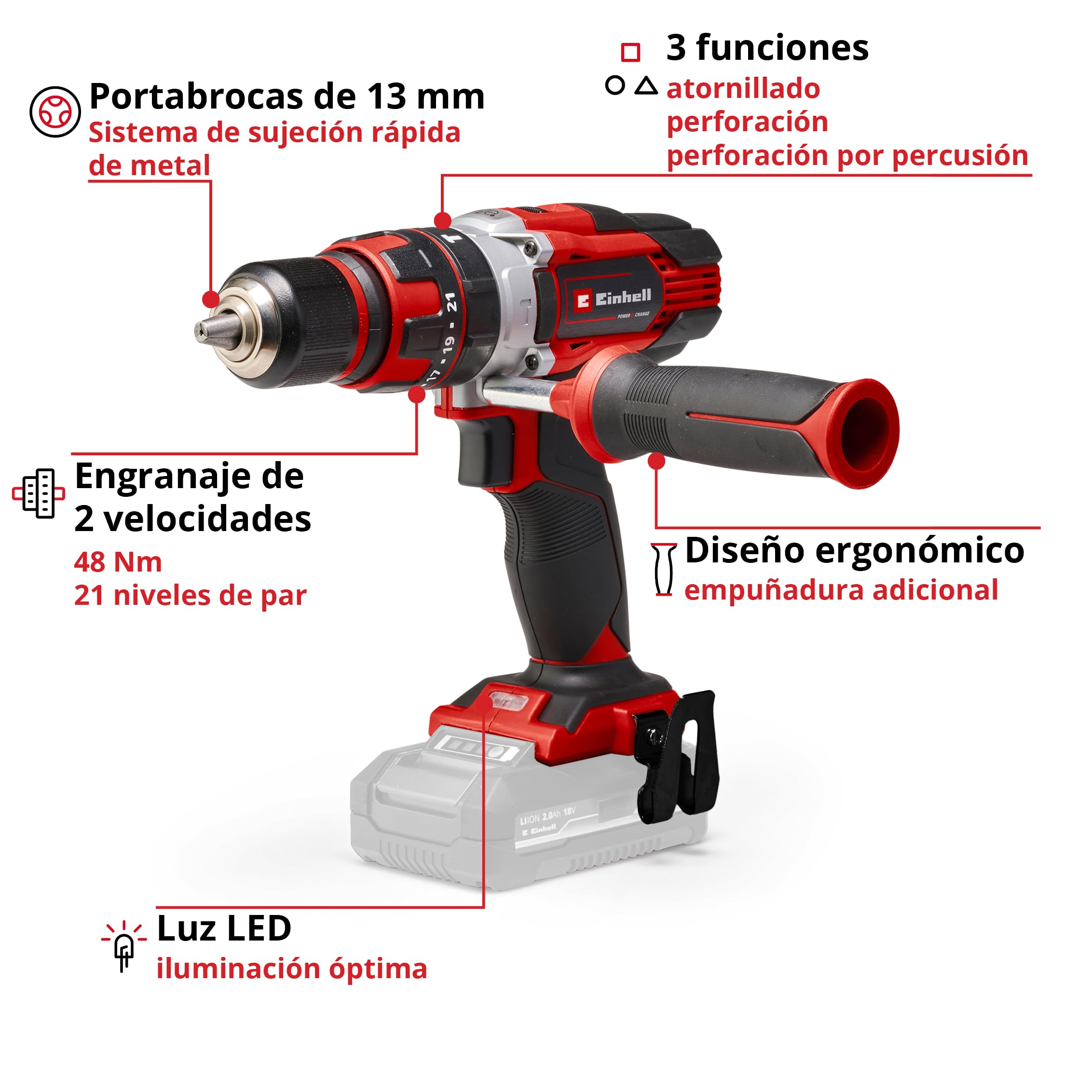 Einhell Taladradora atornilladora a batería TE-CD 18/48 Li-i-Solo Power X-Change (18 V, engranaje de 2 velocidades, función de taladrado de percusión incluida, electrónica de velocidad, sin batería)