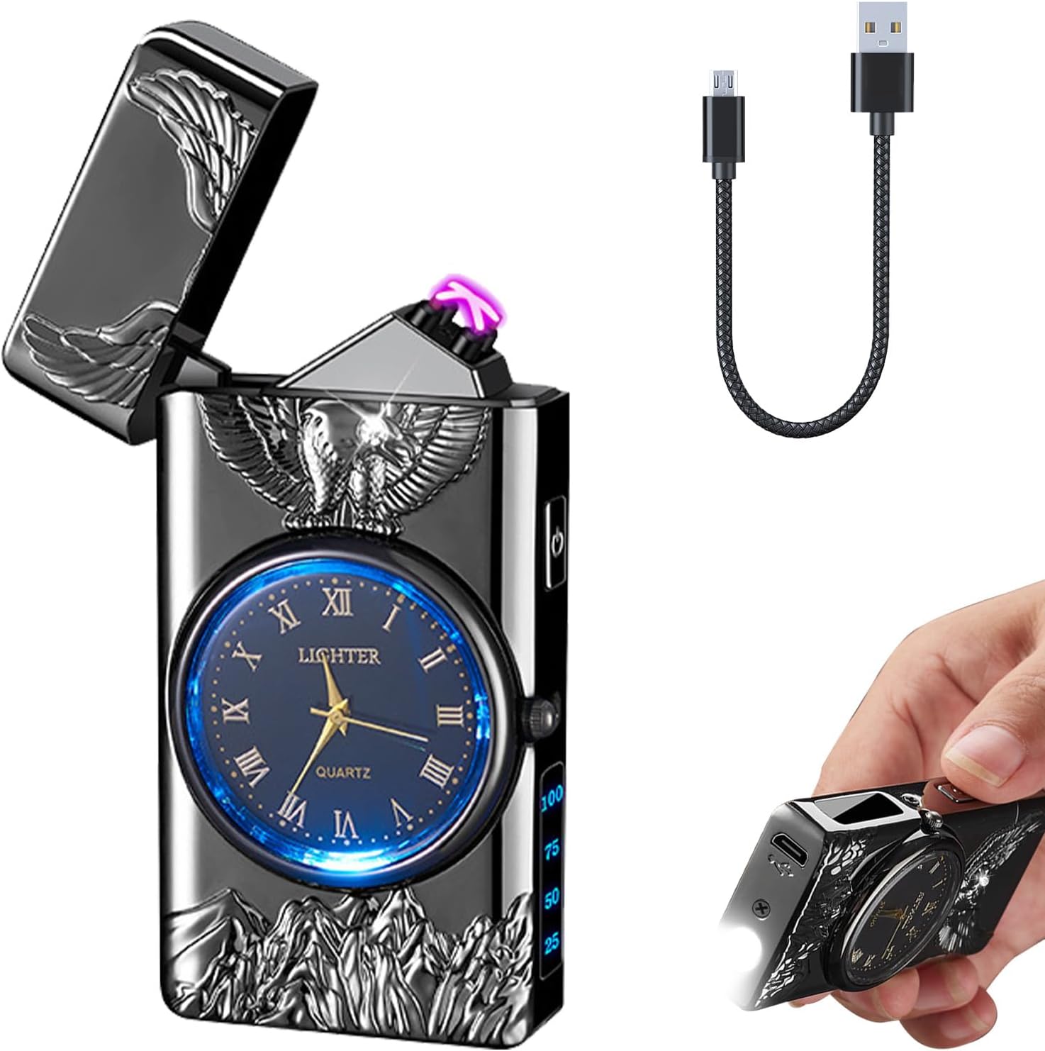 Electric Lighter with Clock YOZWOO USB Rechargeable Lighter with LED Light, Plasma Dual Arc Lighters with LED Power Display for Candle, Cool Lighters Gifts for Men and Women (Black-Eagle)