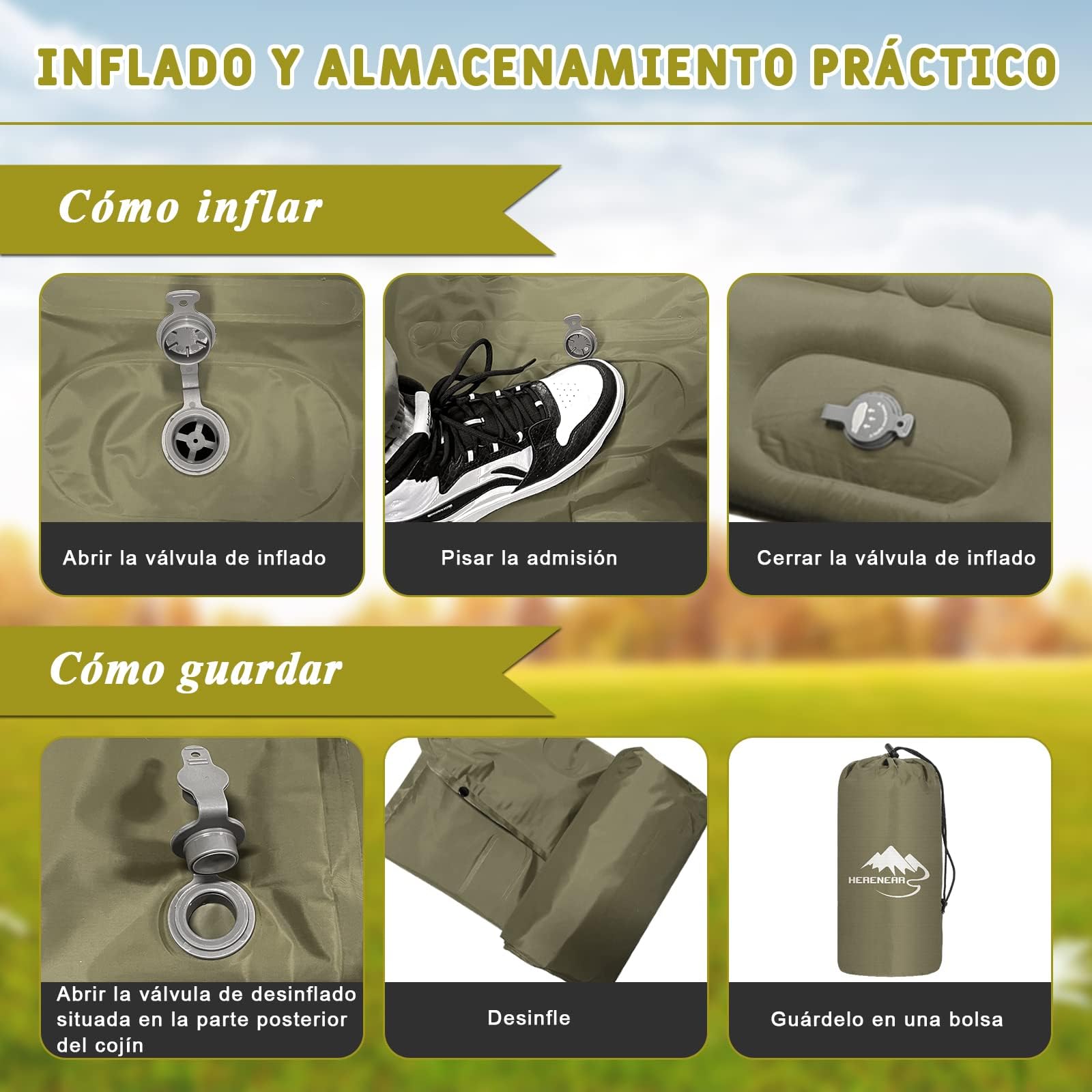 IEEILULU Esterilla Camping Autoinflable, Colchoneta de Camping con Almohada, Impermeable, Ligera, Colchoneta de Dormir, Colchoneta Inflable para Acampar, Senderismo, Pesca y Viajes (Verde Oscuro)