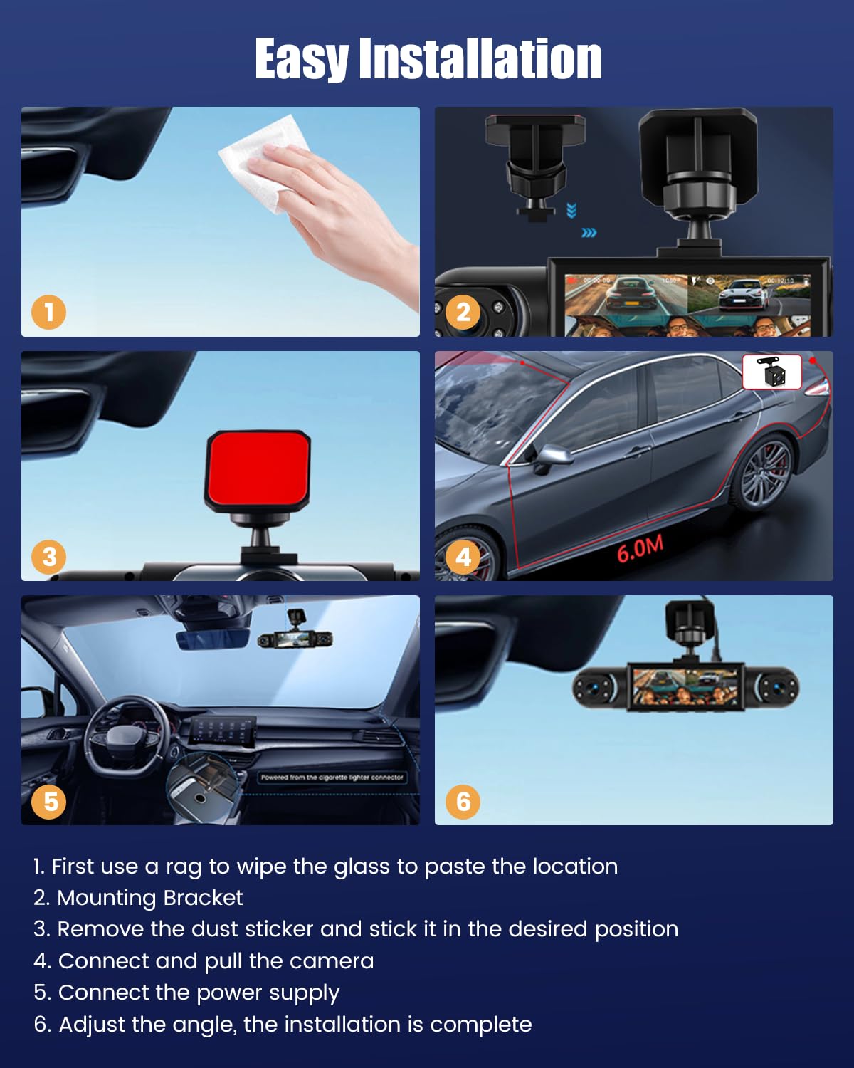 4-kanałowa kamera Dash Cam, 360° 1080P przednia kamera samochodowa z tyłu, ekran 3,16 cala, karta SD 64G, nagrywanie w pętli noktowizor szeroki kąt 150°, wykrywanie ruchu