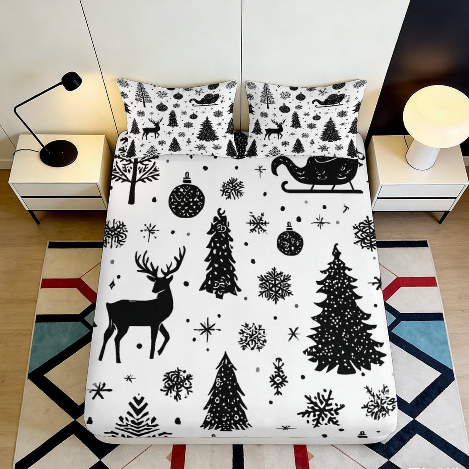 3D Printed Christmas Reindeer Fitted Sheet Microfiber Black White Snowy Pine Tree Mattress Cover for Bedroom Guest Room 90x200x25cm