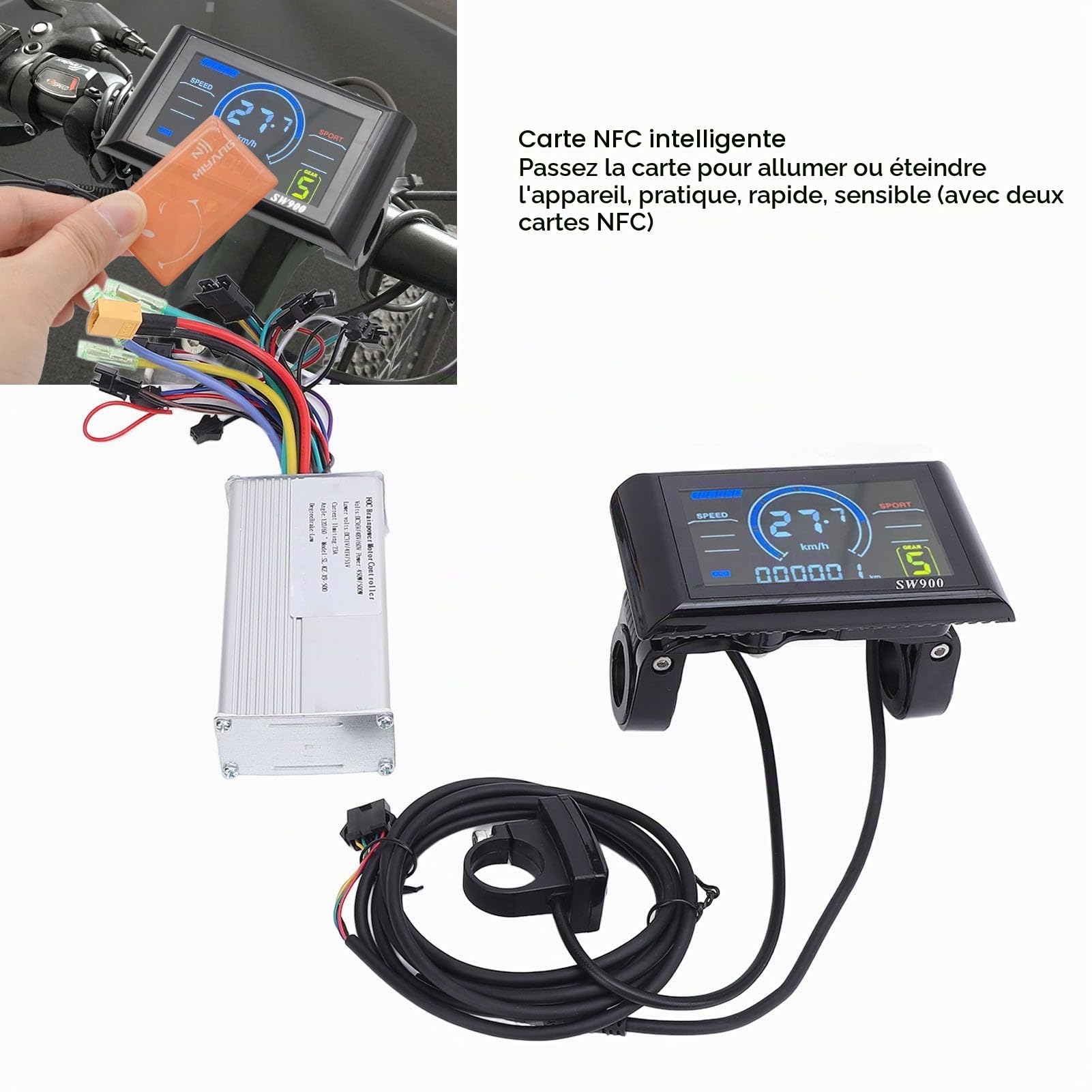 BuyWeek Kit de Contrôleur de Moteur sans Balais de Vélo Électrique, 36V 48V 60V 450W 500W Contrôleur d'onde Sinusoïdale et Compteur d'Affichage LCD SW900 avec Détection Clé NFC