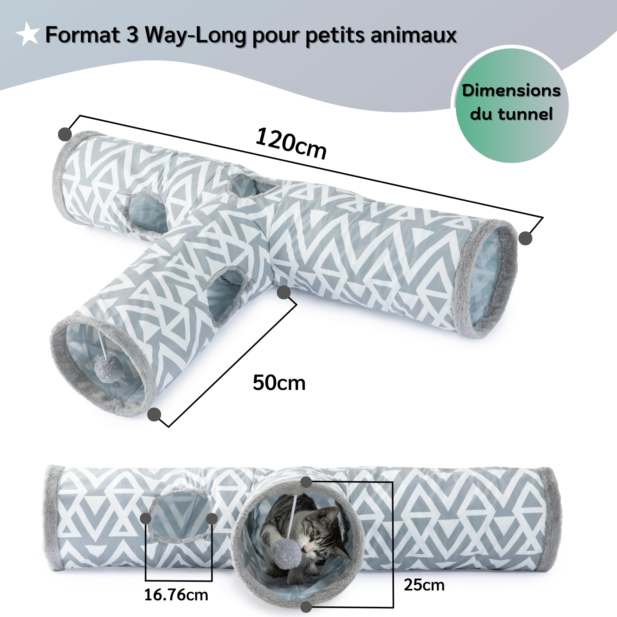 JanYoo Tunnel pour Chat et Lapin - Tunnel de Jeu en Peluche 3 Voies - Jouet pour rongeurs Trou d'espionnage interactif - Ø 26 cm - Gris