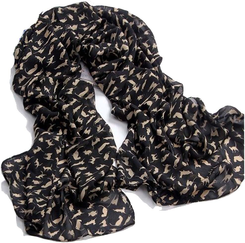 Piggy2gether - Casual Cat Print Black Soft Long Chiffon Scarf Wrap for All Season