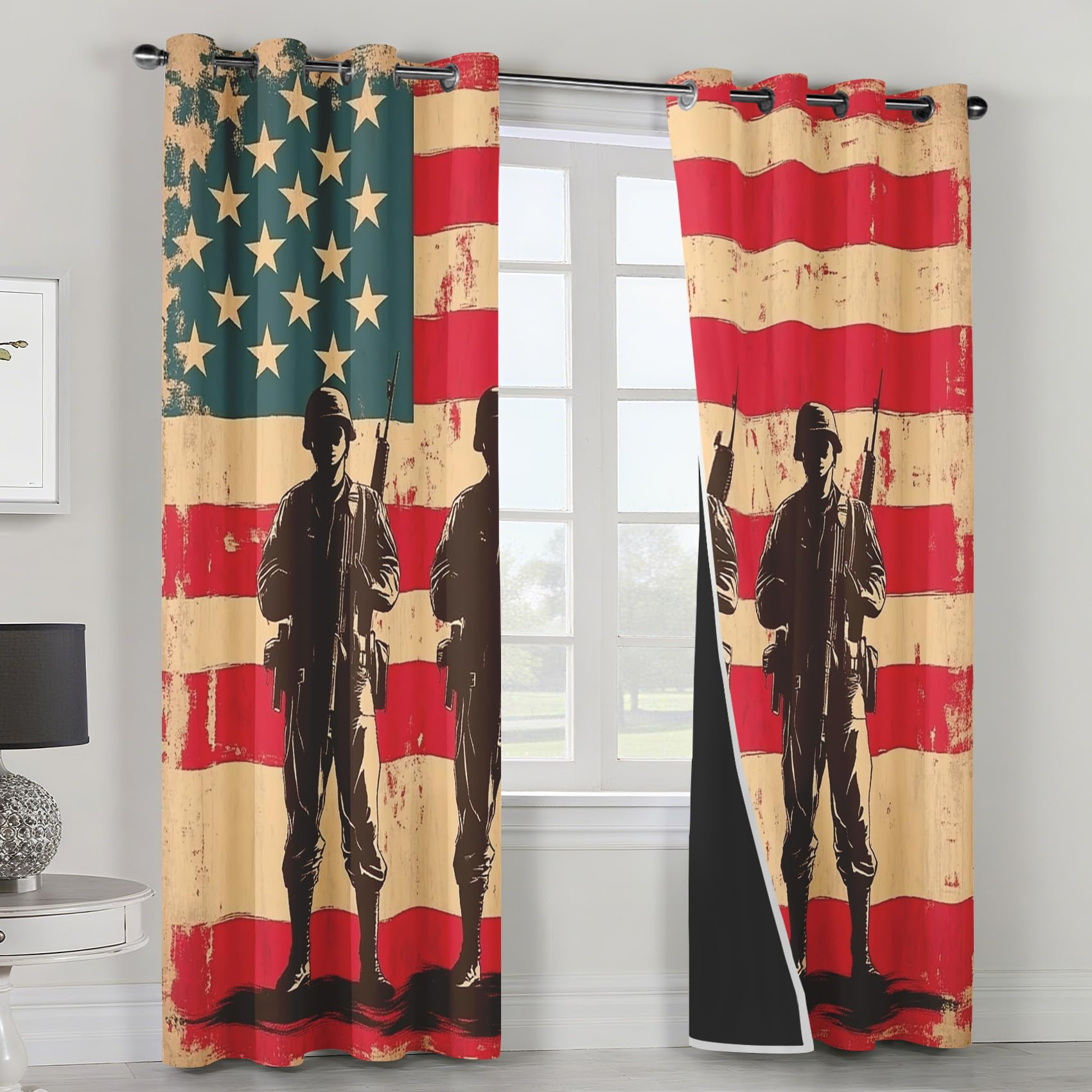 Generisch Blickdichte Vorhänge Soldat, Wohnzimmer Schlafzimmer Deko, Vintage Amerikanische Flagge Gardinen mit Ösen, Thermo Verdunklungsvorhänge 2er Set H137 x B117 cm pw&51