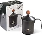 Vienesso premium stainless steel milk frother (manual/hand): Milk frother/milk foamer with double strainer: creates creamy milk foam for coffee specialities, incl. Spoon + e-book, Black , 400 ml
