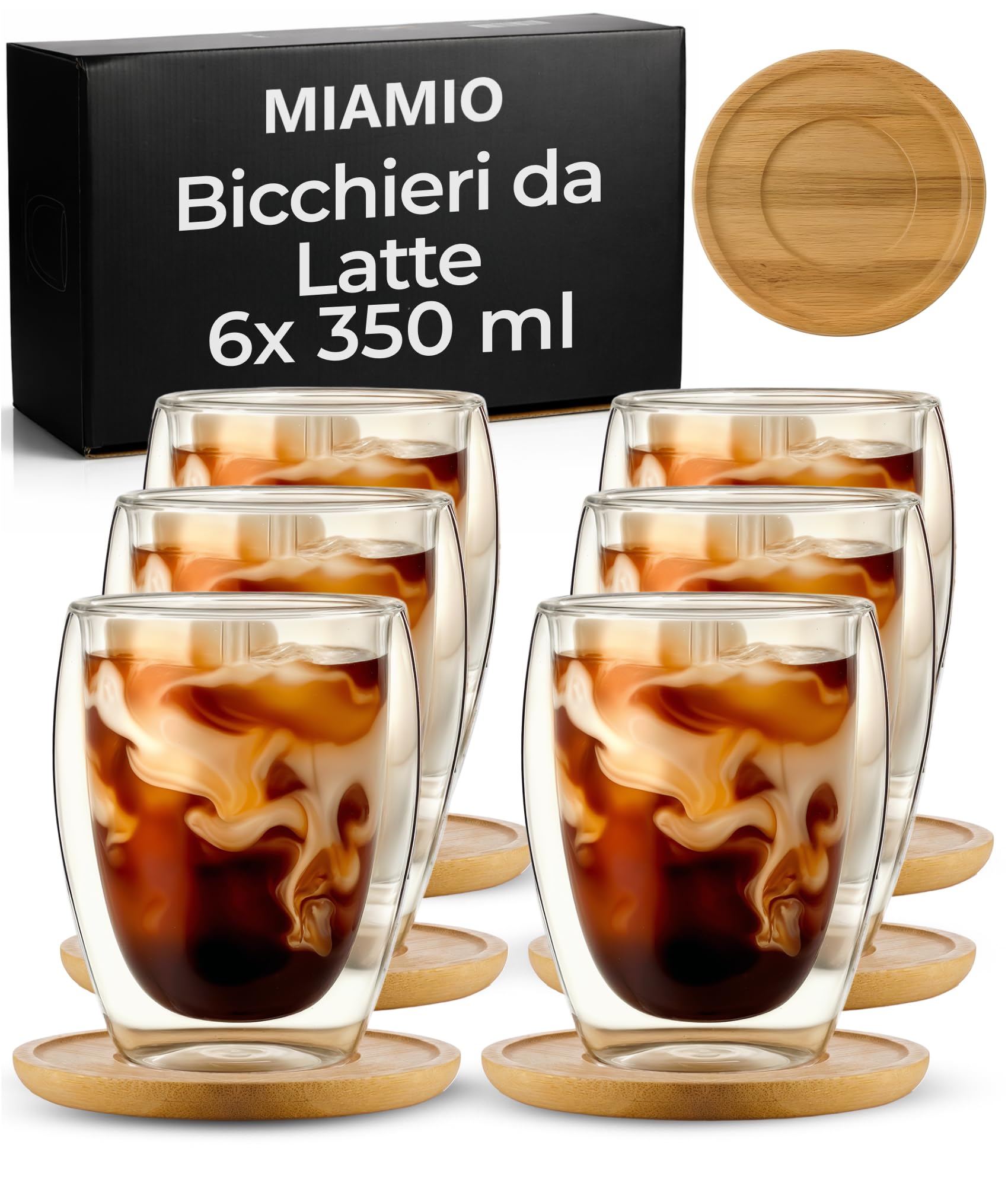 MIAMIO - Set di 6 bicchieri latte macchiato/bicchieri termici a doppia parete/senza manico/con piattino/bicchieri da cappuccino/pareti spesse/in vetro borosilicato (350 ml)