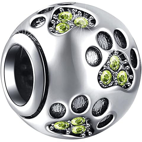 EMOSTAR Dog Paw Print Charms with Various Birthstone Crystals, 925 Sterling Silver Pawprint Beads for 3mm Snake Chain, Pet Lover Gifts for European Women Bracelet