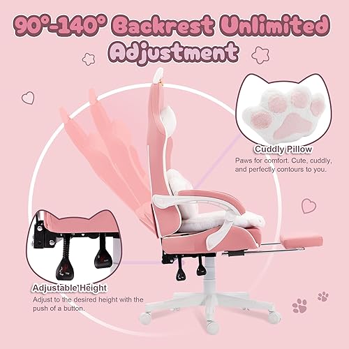 Miniatura 5 de Dowinx Silla Gaming Bonita con Orejas de Gato y Soporte Lumbar con Forma de Pata, Silla Ergonómica de Computadora para Niña con Reposapiés y