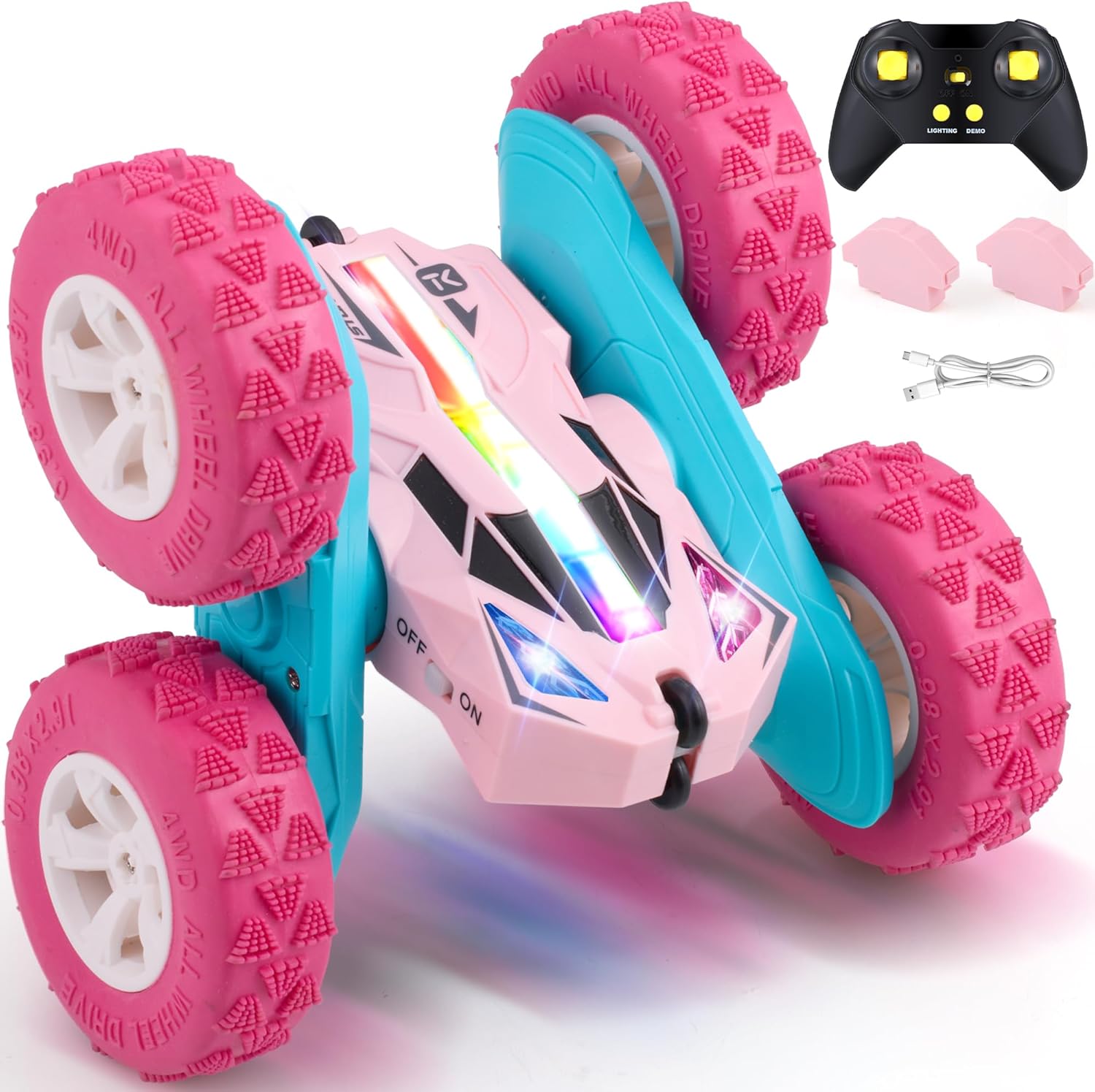 Threeking RC Stunt Car Remote Control Cars with Quick-Swap Modular Battery, 5 Upgrades: Safety, Durability, Auto Demo, Eye-Safe LEDs, Type-C Charging, Toys Presents Gifts for Boys Girls Kids Ages 6-12