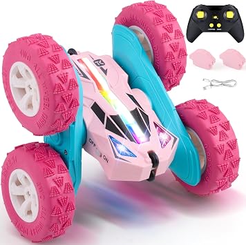 Threeking Pink Remote Control Cars RC Stunt Flip Car Crawler Toys Girls 6+ | Quick-Swap Modular Battery, Double-Sided Stunt RC Car, Durable, Auto Demo, Soft Lights Gifts for Kids Ages 6-12