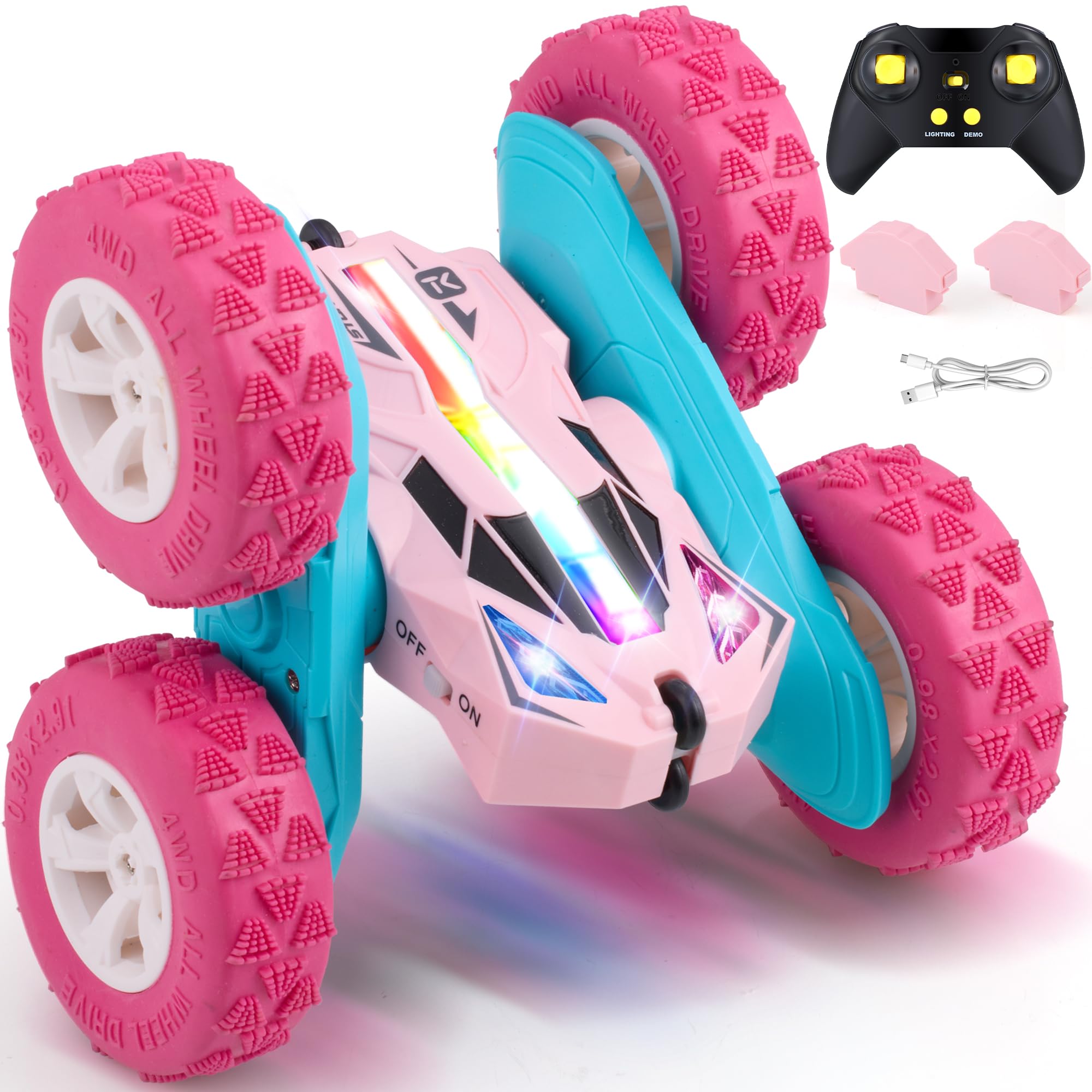 Threeking Remote Control Car for Girls Ages 6-12, 4WD Stunt Car with Quick-Swap Modular Batteries,Breathing Soft Lights, Double-Sided Driving & 360° Flips, RC Cars Toys Boys Kids Presents Gifts,Pink