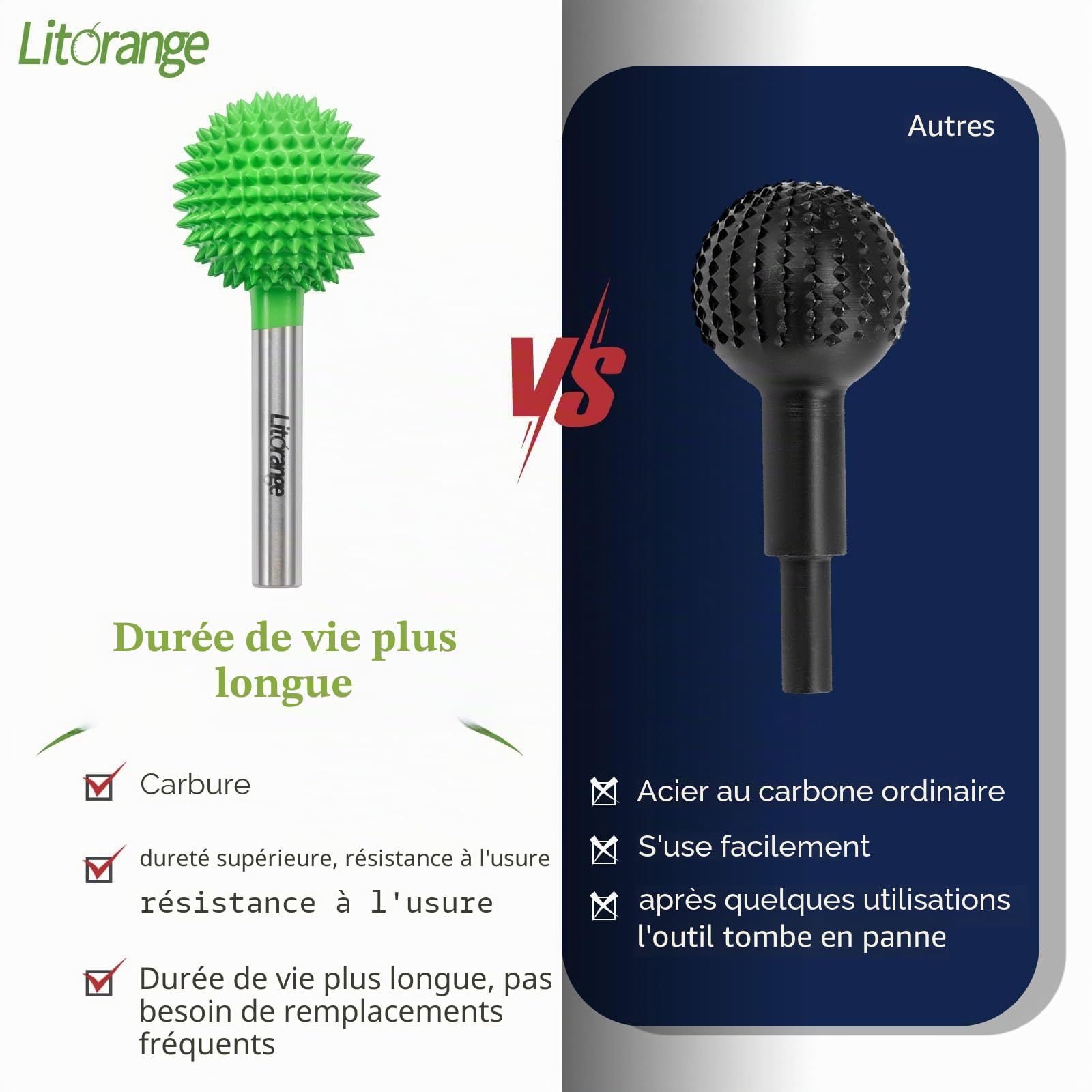 Litorange Fraise à bille en carbure avec pointe longue pour perceuse, Ponceuse à tête sphérique de 1/4" pour meuleuse droite électrique, fraise à bois, râpe à billes pour le travail du bois et la