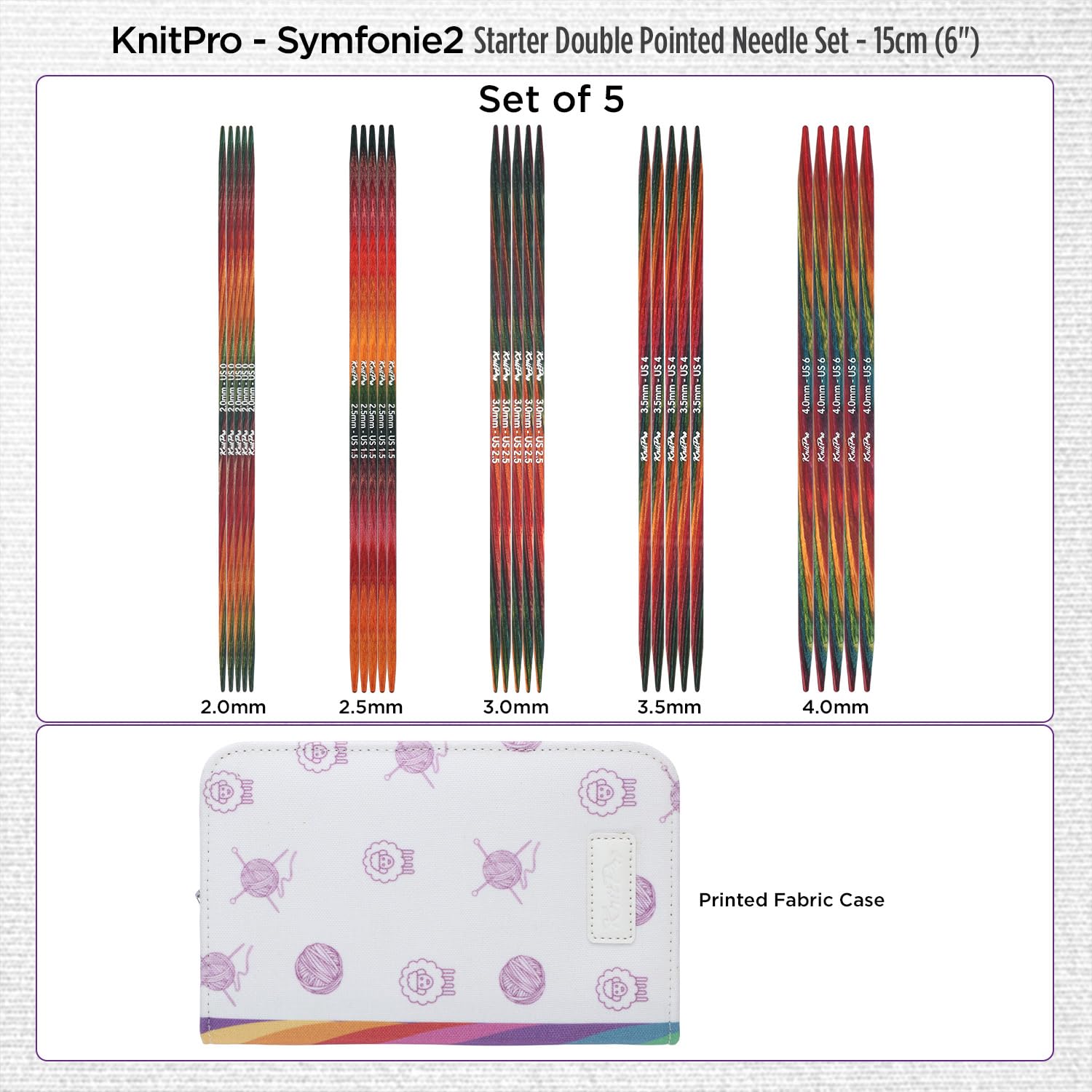 KnitPro Symfonie 2er-Set Nadelspiele aus Holz – 15 cm