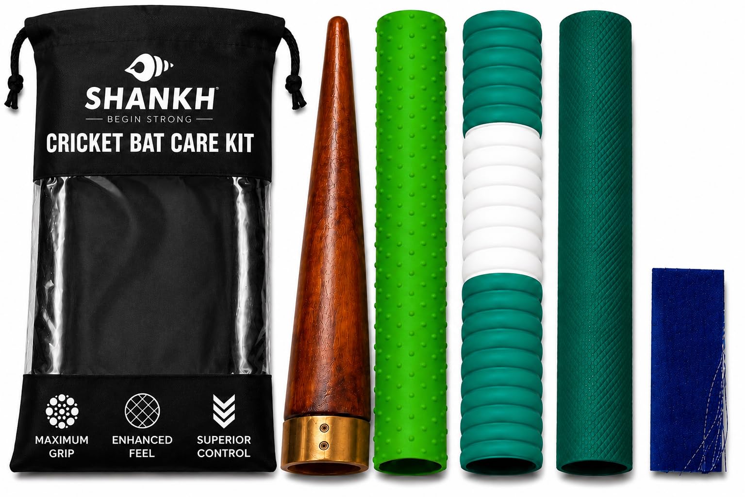 SHANKH Cricket Bat Grip Kit, 3 Grips, Cone & Toe Guard, Emerald