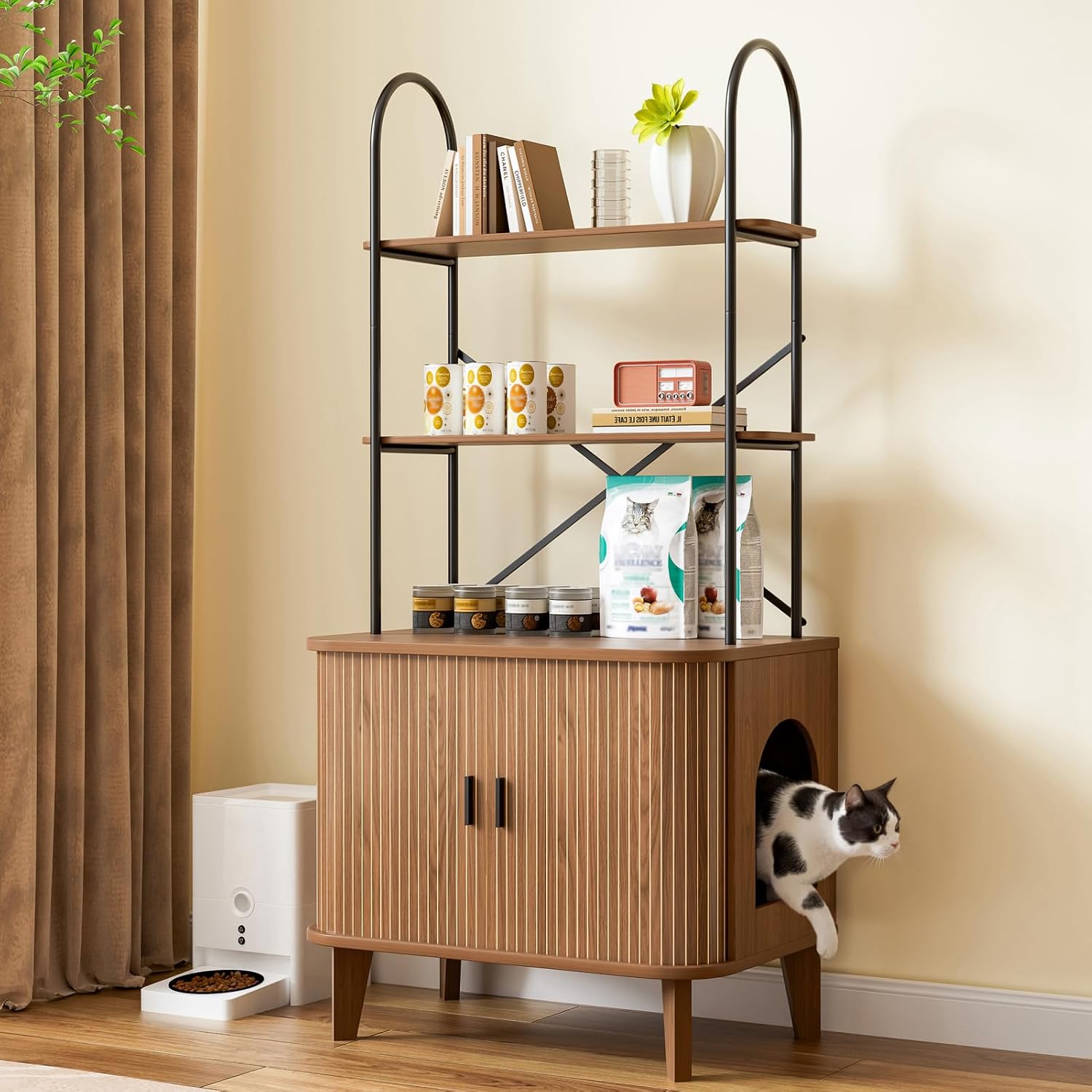 Cat Litter Box Enclosure Furniture,Hidden Litter Box Furniture Fit Most of Litter Boxes,Cat Washroom Cabinet and Pet House with Metal Frame for Living Room