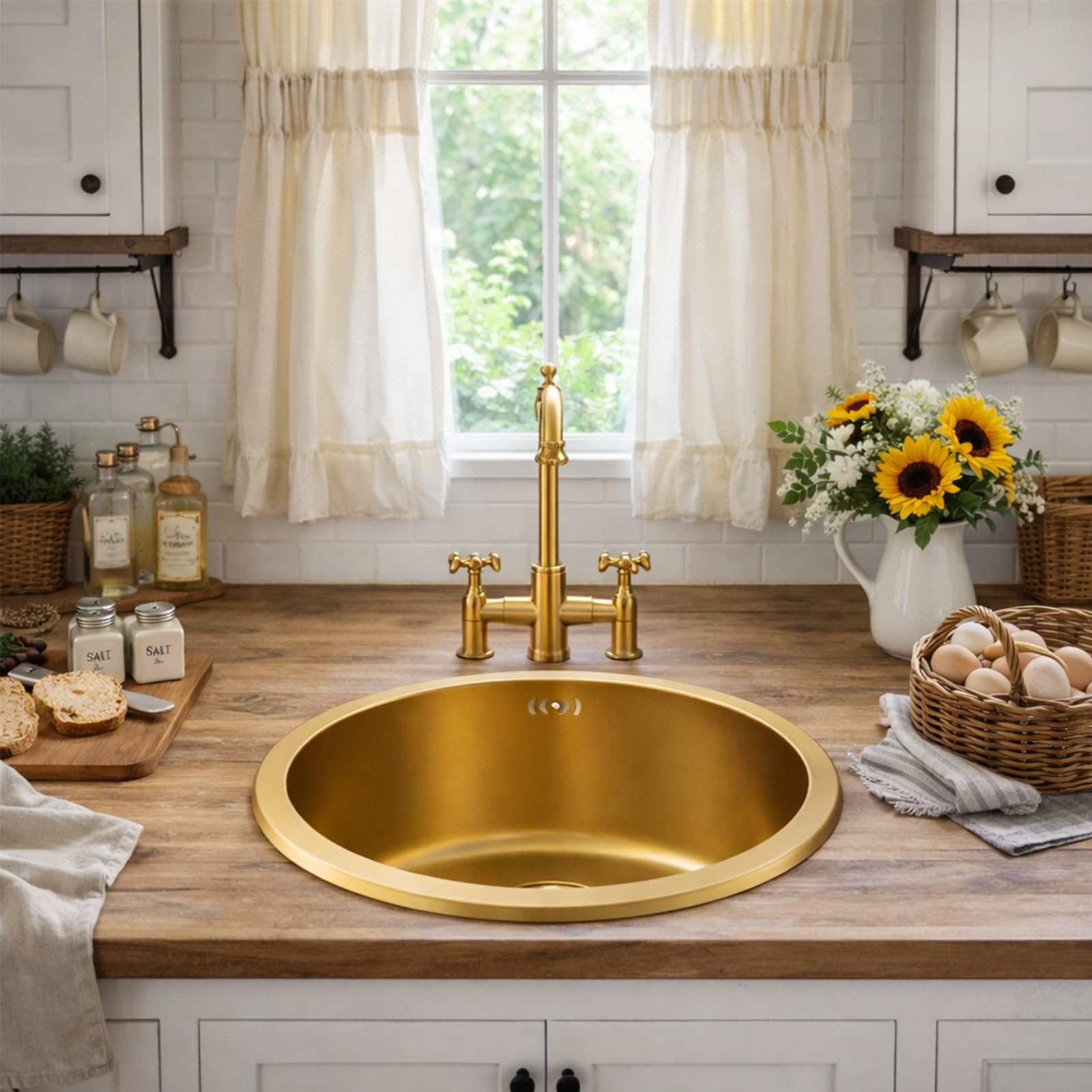 Rundspüle, goldfarben, 40 x 40 cm, Küchenspüle und Stange in Gold, rund, goldfarben, unterhalb oder auf der Arbeitsplatte, sink für Minibar, Edelstahl mit Siphon
